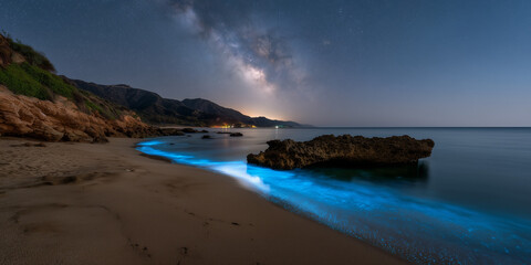 Nighttime Long Exposure Of Bioluminescent Algae On Beach Shoreline, With Milky Way Galaxy Arching Overhead, Water Glows Neon Blue. Long Exposure