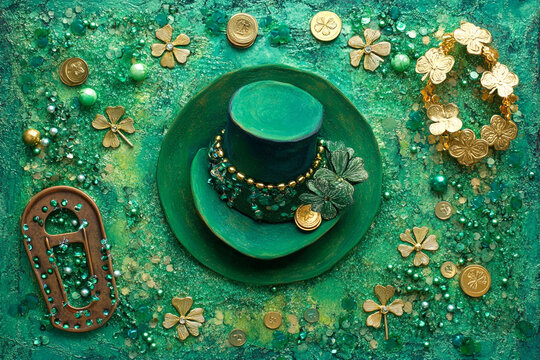 Green leprechaun hat gold coins shamrocks beads and glitter St Patricks Day art