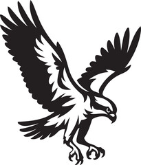 Eagle in flight with wings and talons spread, Black bird of prey vector design
