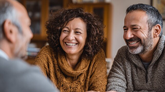 Happy mature couple discussing investments with financial broker during meeting at home. Middle eastern man and woman discussing about financial planning with consultant at home. Financial consultant - Powered by Adobe