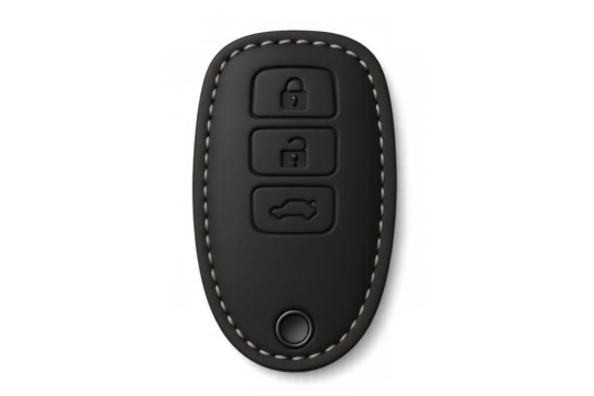 Electronic car key with black leather cover, displaying lock, unlock, trunk controls, positioned against transparent backdrop