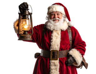  Vintage Santa Claus Waving with Lantern in Hand, Isolated PNG