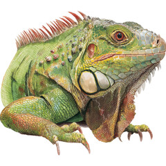 Fototapeta premium Detailed watercolor painting of a green iguana isolated on transparent background