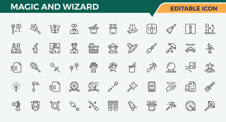 Magic And Wizard line icon set. Simple line vector icons. Editable vector. Magic related icon set. Includes symbols for mystery, wizard, wand, magical, trick, magic, miracle and more.