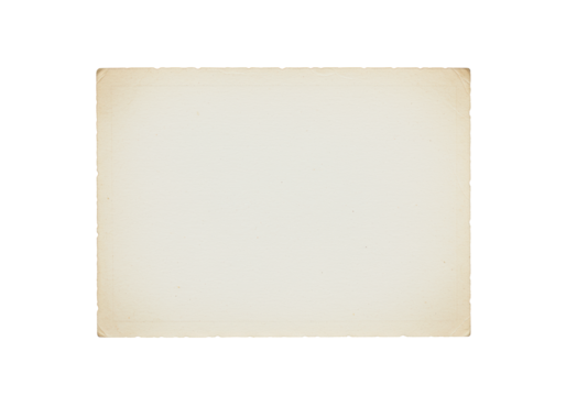 Blank rectangular space with light beige paper border, resembling a vintage photo frame or classic postcard, subtle wear, faded edges, transparent inner, isolated on transparent background with