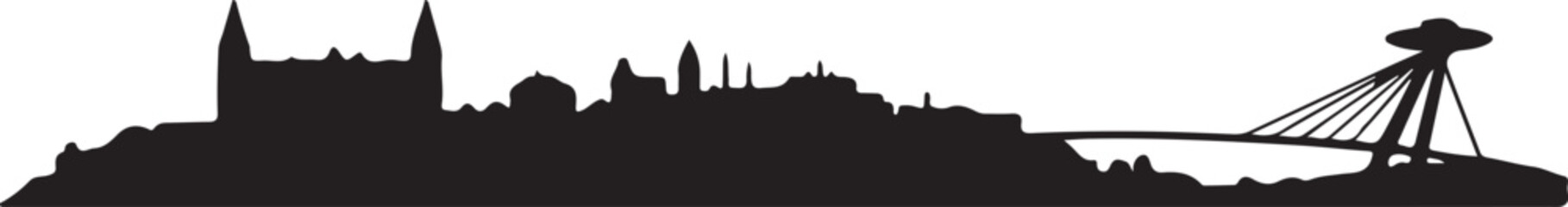 Vector silhouette of Bratislava, includes Bratislava Castle, UFO Bridge, Slovak city skyline on white