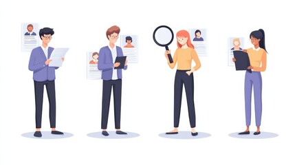 Obraz premium Employer actions icons set. Employment service, resume search, staff selection. Recruitment agency, hiring employee, employee assessment metaphors. Website web page template - concept metaphors., no 