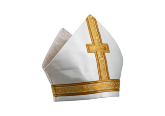 White and gold mitre with ornate cross design on transparent background, PNG