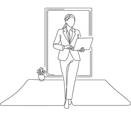 Minimalist illustration of a suited professional working on a laptop near a large window, symbolizing modern workspace, focus, and productivity