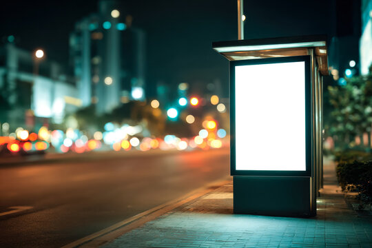 Empty illuminated billboard on a city street at night with blurred traffic background - Powered by Adobe