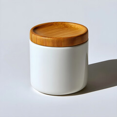 Simple white ceramic jar with wooden lid isolated on white background