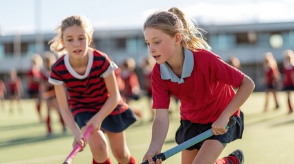 Middle schoolgirls playing hockey on the field in physical education class, no logos, no brands
