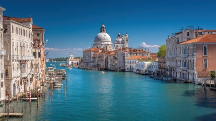 Grand Canal and Basilica Santa Maria della Salute, Venice, Italy and sunny day, no logos, no brands