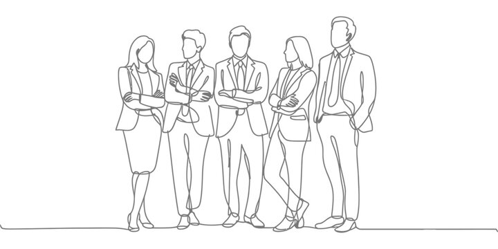 Minimal line illustration of five business professionals standing confidently in a row, symbolizing unity, leadership, and workplace presence