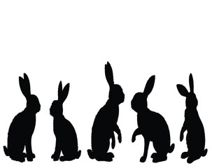 Seven black rabbit silhouettes in various poses bunny with white background.




