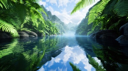 Fototapeta premium A serene tropical river flowing between lush green ferns and rocky cliffs under a partly cloudy sky.