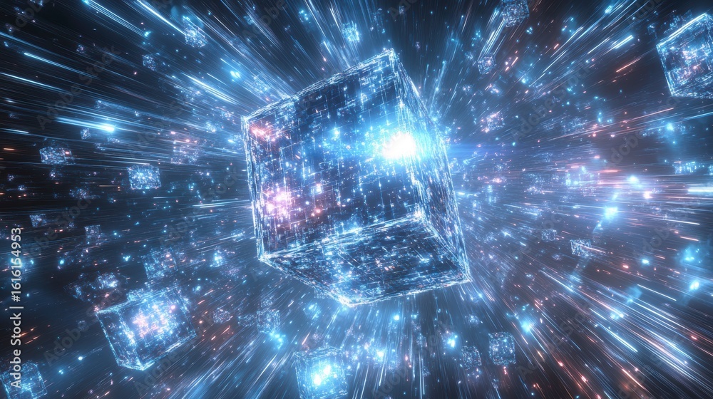 Poster glowing crystal cube exploding with light and energy in space.