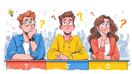 Quiz show. Young clever people, students gambling game. Girl answer, TV show winner. Line flat thinking man woman vector illustration, no logos, no brands