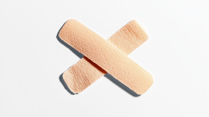 Crossed adhesive bandages on white background. Minimalist symbol of healing and care