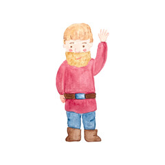 Bearded man in red tunic, blue pants, brown boots, raising his hand in friendly greeting. Cute watercolor illustration isolated on white. Ideal for children books, storytelling, folk-themed projects