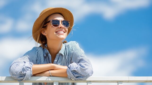 Looking at the sky with smile. Beautiful young woman in sunglasses adjusting her hat and looking away with smile while leaning to fence outdoors, no logos, no brands - Powered by Adobe