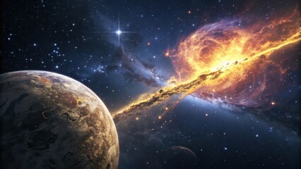 Obraz premium Vibrant nebula and distant planets illuminate the vastness of outer space