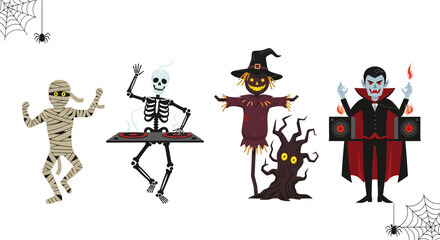Halloween character set. Cartoon mummy dancing, skeleton as DJ, scarecrow with spooky tree, and vampire with flames and speakers. Festive Halloween celebration concept. Vector illustration.