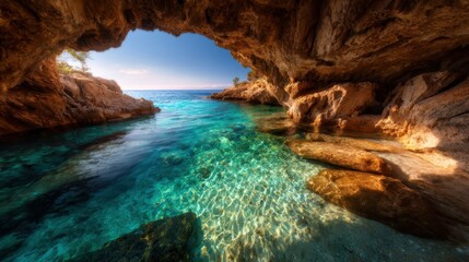 This stunning coastal cave features crystal clear waters surrounded by rugged cliffs, showcasing the beauty of nature and providing a serene escape for visitors seeking peace.