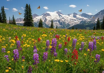 Fototapeta premium A vibrant mountain meadow bursts with colorful wildflowers under a blue sky with fluffy clouds