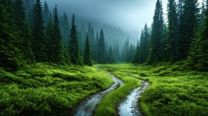 A serene misty forest pathway winding through tall evergreen trees, surrounded by vibrant green foliage, inviting tranquility and exploration in nature’s beauty.