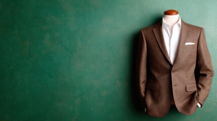 A stylish brown blazer displayed against a rich green backdrop, showcasing modern fashion design with a sophisticated touch for formal occasions and professional settings.