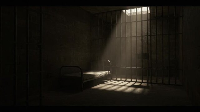 Captivating animation of a prison cell with sunlight streaming through barred windows creating