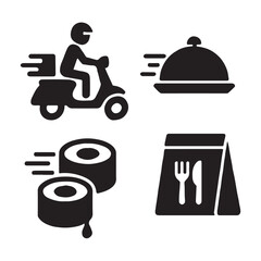 Modern food delivery service silhouette icons for mobile apps and websites