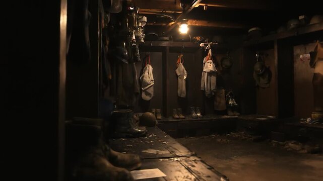 Dimly Lit Locker Room: Workers' Gear and Worn Boots