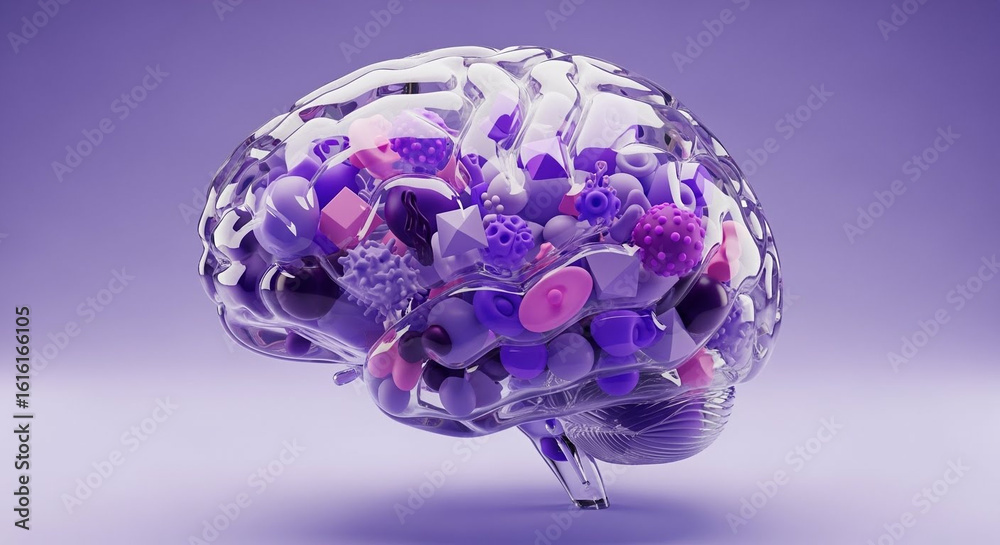 Poster translucent brain filled with colorful geometric shapes on gradient purple background in 3d render w