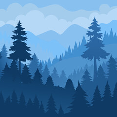 Serene blue forest landscape with layered mountains and clouds