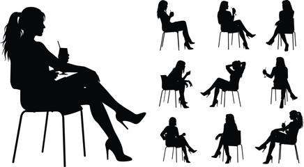 Silhouette of stylish woman sitting on chair, drinking beverage, posing with attitude, fashion model concept, black figure on white background