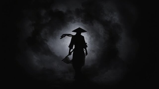 Dramatic Silhouette of a Samurai Warrior in Motion Amidst Smoke and Shadows Collection