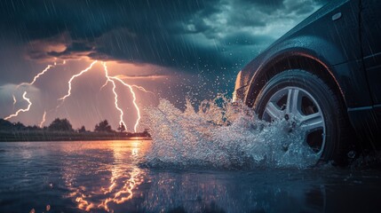 Car driving through floodwaters during a dramatic thunderstorm with lightning strikes.