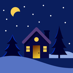 Fototapeta premium Cozy winter night scene with a house and moon
