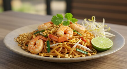 Close up of pad thai with shrimp and lime garnish