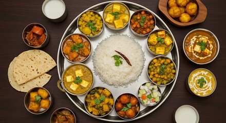 Overhead shot of an indian thali with various dishes
