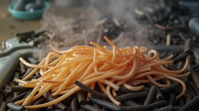 Delicious steaming bucatini pasta atop charred wood ready for cooking in authentic style