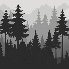 Monochromatic silhouette forest landscape with layered trees