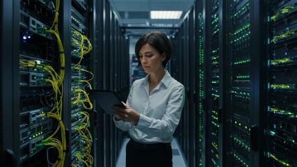 A woman examines analytics on a tablet in a server room filled with network gear - Powered by Adobe
