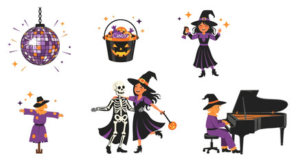 Naklejka premium Halloween celebration icon set. Witch characters dancing, playing piano, holding pumpkin lantern, scarecrow, skeleton, disco ball, candy bucket. Festive party concept. Vector illustration.