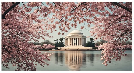 Thomas jefferson memorial framed by cherry blossoms