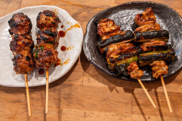 Two plates of grilled yakitori. One features savory meatballs, the other showcases chicken pieces and charred scallions. Both are glazed with a rich, dark sauce.