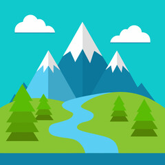 Obraz premium Flat design mountain landscape with river and trees