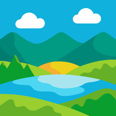 Fototapeta premium Vibrant landscape with mountains lake and clouds